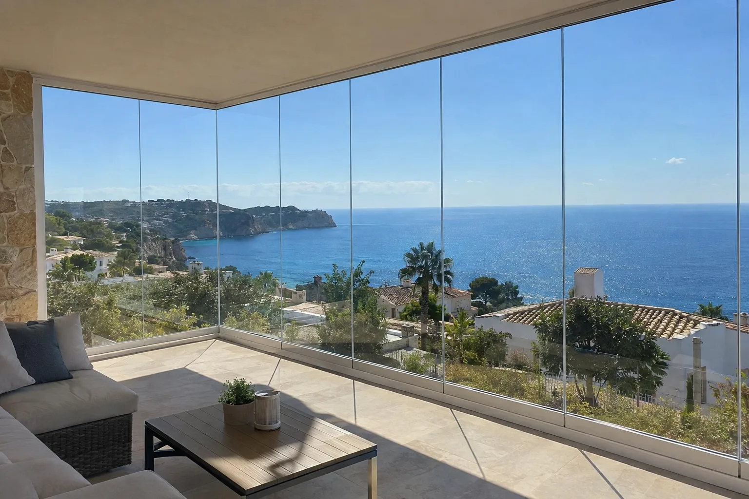 Cerramiento de terraza terminado con cortina de cristal o corredera de aluminio