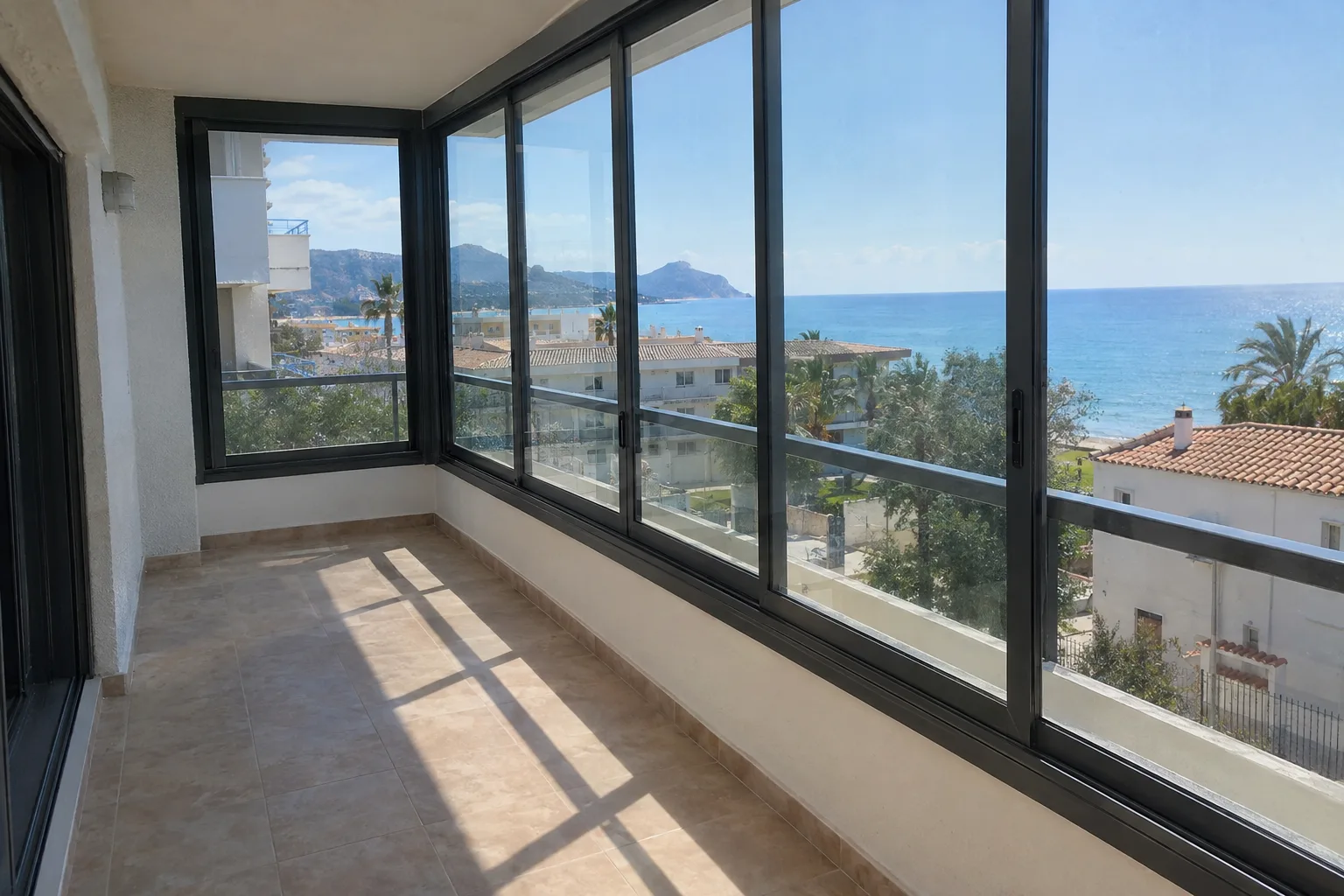 Cerramiento de terraza terminado con cortina de cristal o corredera de aluminio