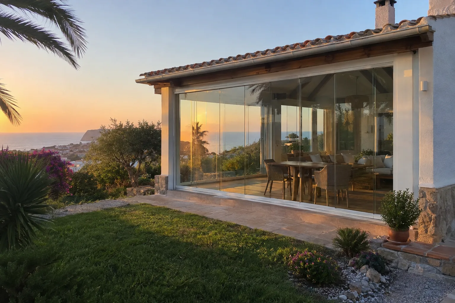 Cerramiento de terraza terminado con cortina de cristal o corredera de aluminio