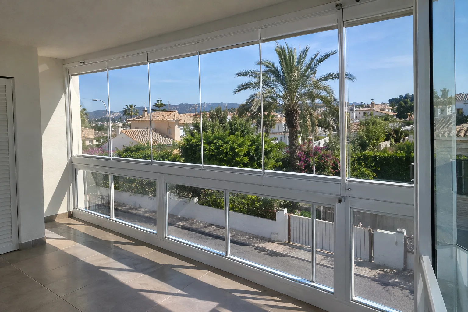 Cerramiento de terraza terminado con cortina de cristal o corredera de aluminio